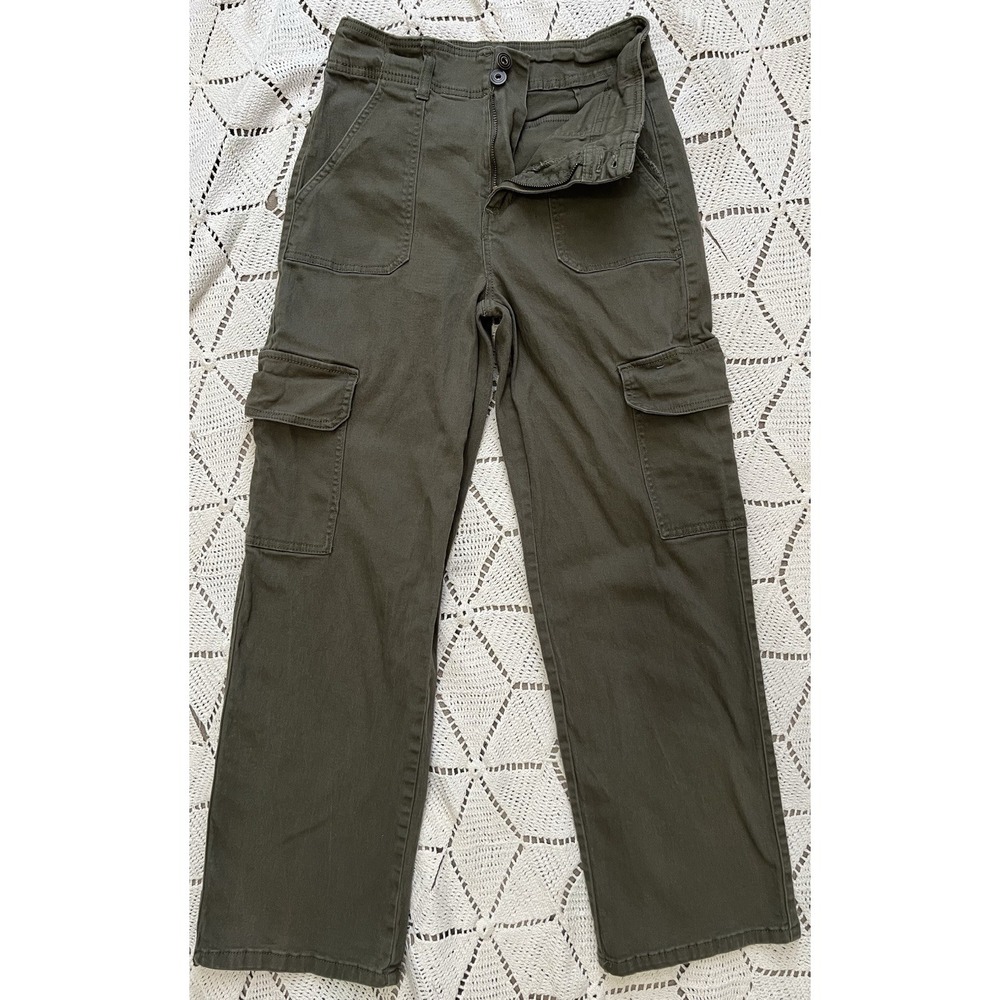 Y2K Olive Green‎ Cargo Pants Relaxed Wide Leg Utility Size 7/28 Celebrity Pink
